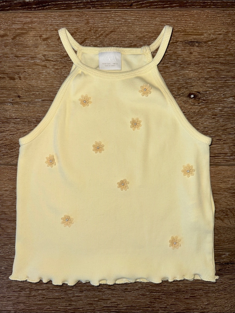Zara Pale Yellow Ribbed Halter Tank with Daisy Embellishments
